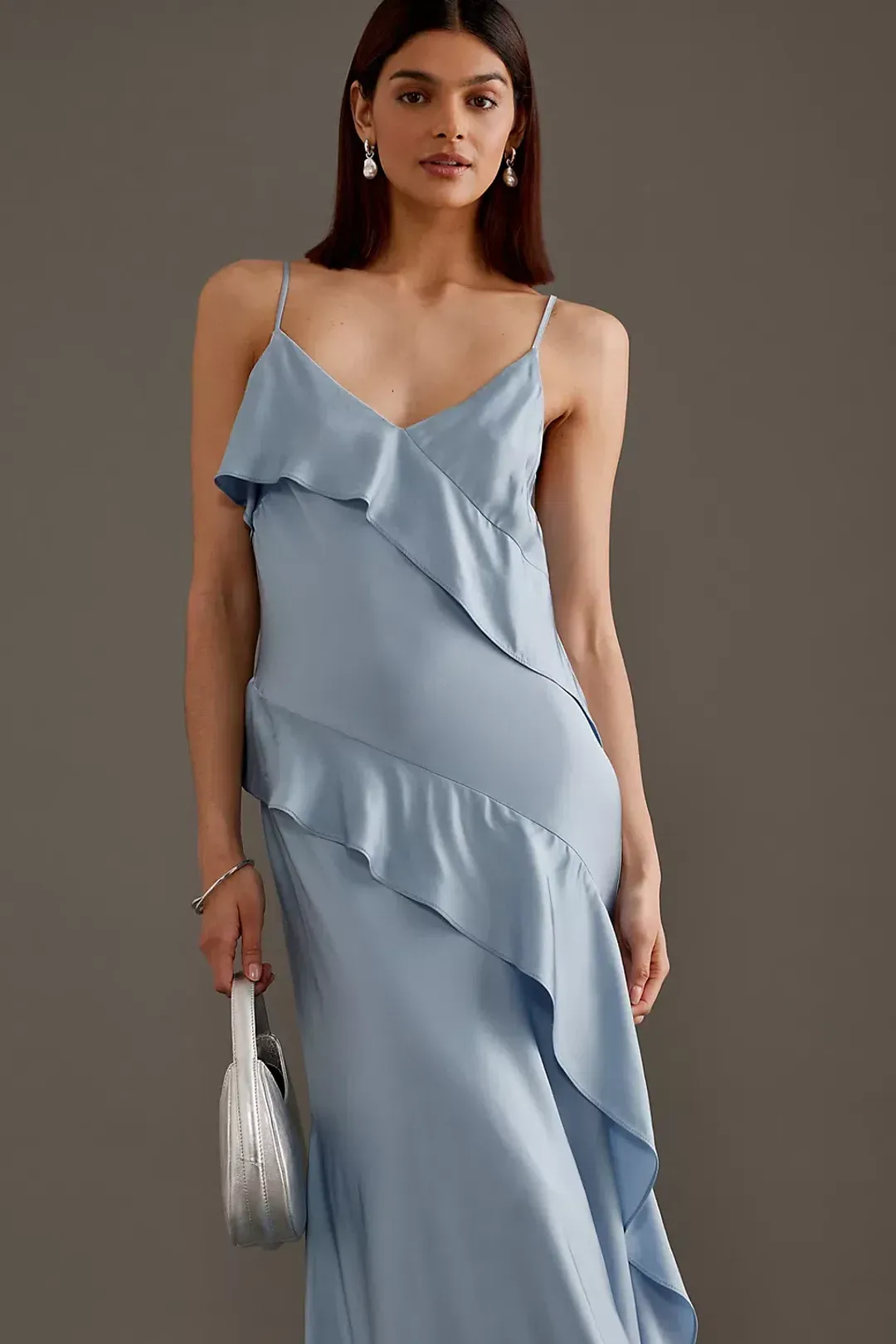 Anthropologie Asymmetric Ruffle Maxi Slip Dress Blue Size 10 for rent on The Volte - main image