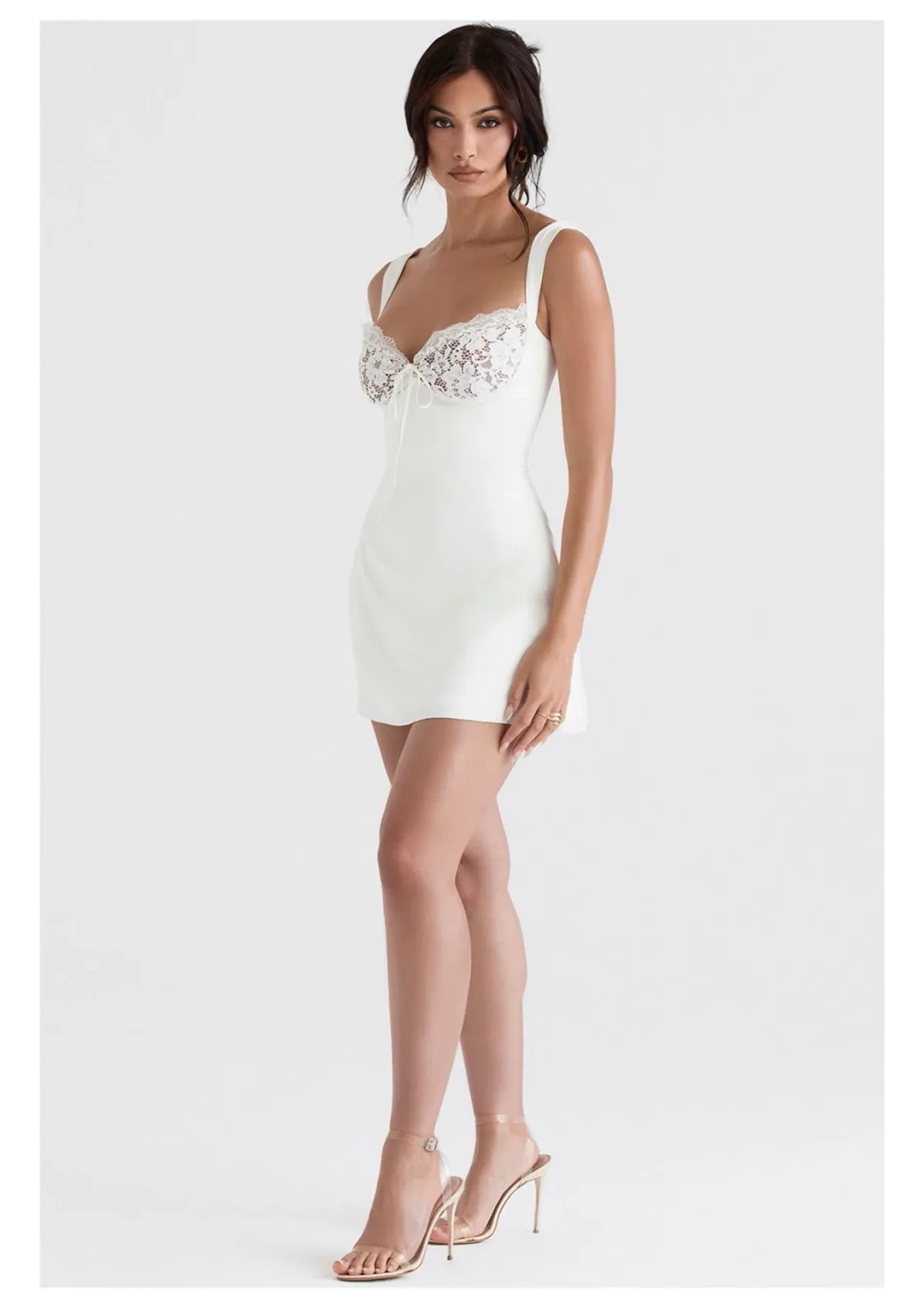 House of CB Adriana Satin and Lace Mini Dress in White/Ivory Size S / AU 8 for rent on The Volte - main image