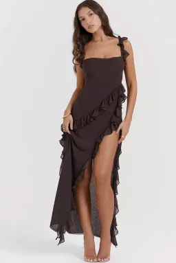 House Of CB Ariela Ruffle Maxi Dress Expresso Brown Size S / AU 8 for rent on The Volte - image 1