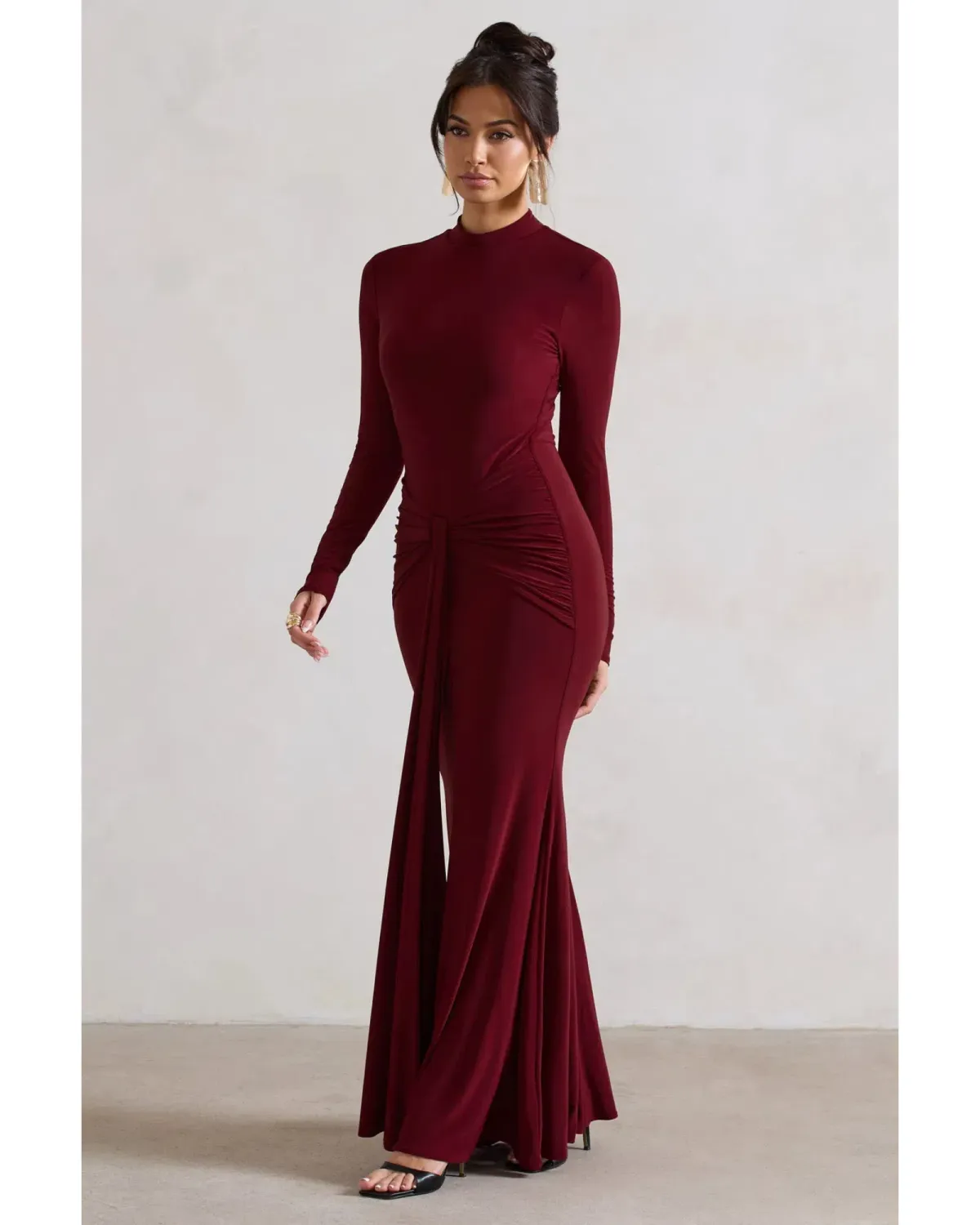 Club L London Pietra High-Neck Long Sleeve Knot Maxi Dress Berry Size AU 12 - Image 2