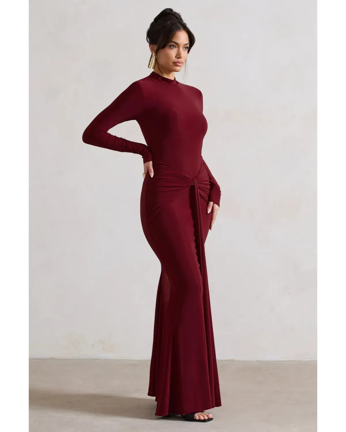 Club L London Pietra High-Neck Long Sleeve Knot Maxi Dress Berry Size AU 12 - Image 3