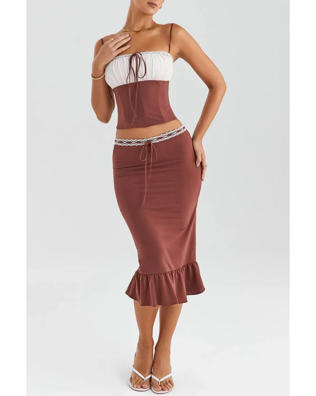 Mistress Rocks Gathered Corset Ruffle Midi Skirt Set Coffee and Cream Size S / AU 8 - Image 2