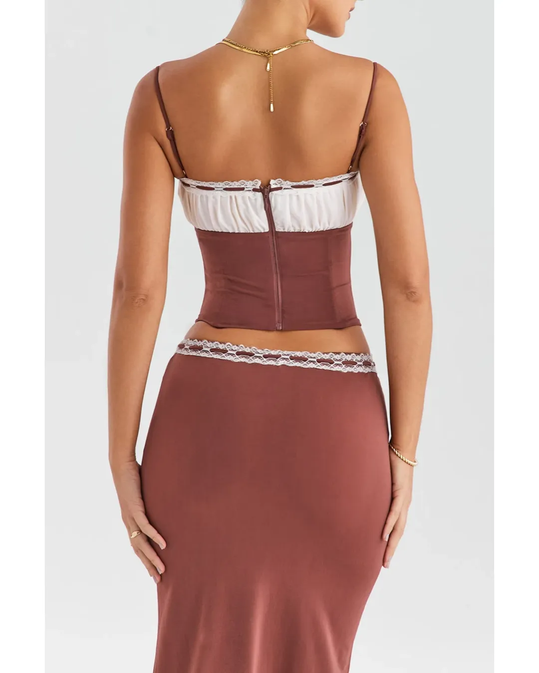 Mistress Rocks Gathered Corset Ruffle Midi Skirt Set Coffee and Cream Size S / AU 8 for rent on The Volte - main image