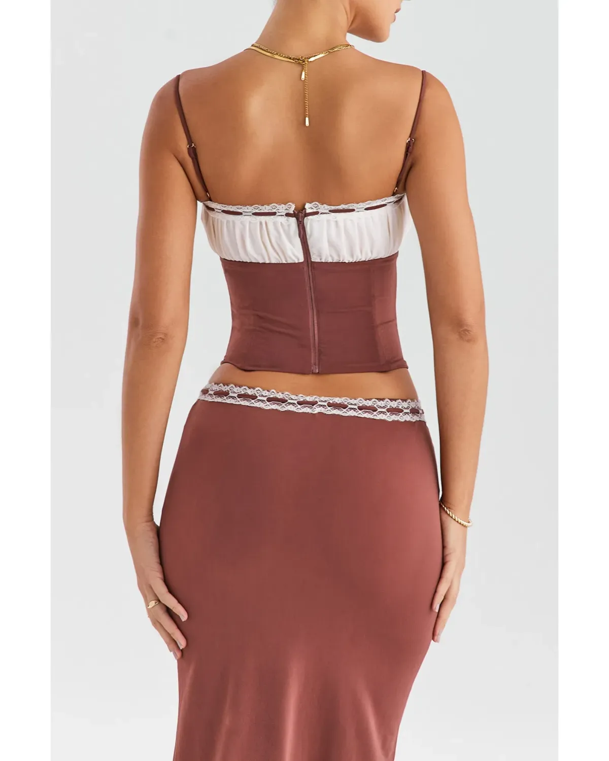 Mistress Rocks Gathered Corset Ruffle Midi Skirt Set Coffee and Cream Size S / AU 8 - Image 5