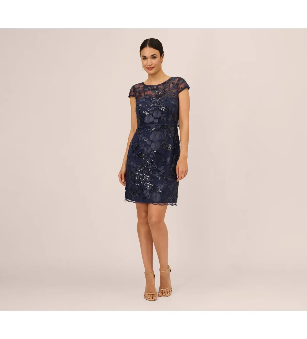 Adrianna Papell Sequin Floral Short Sleeve Mini Dress with Popover in Navy Size AU 6 - Image 1