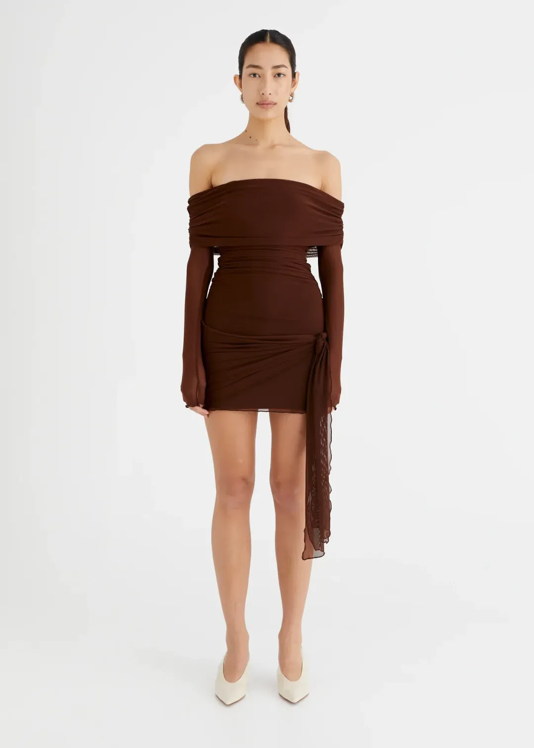 Benni Yasmin Off Shoulder Mini Dress Brown Size 10 for rent on The Volte - main image