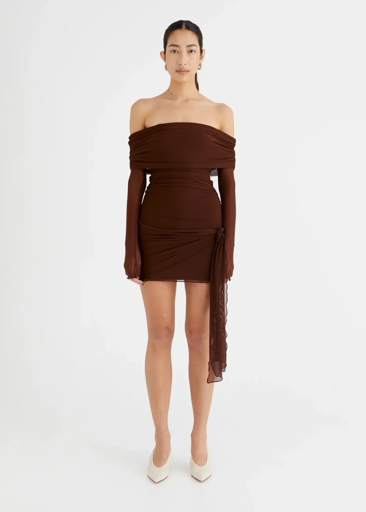 Benni Yasmin Off Shoulder Mini Dress Brown Size 10 for rent on The Volte - main image