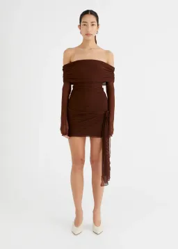 Benni Yasmin Off Shoulder Mini Dress Brown Size 10 for rent on The Volte - image 1