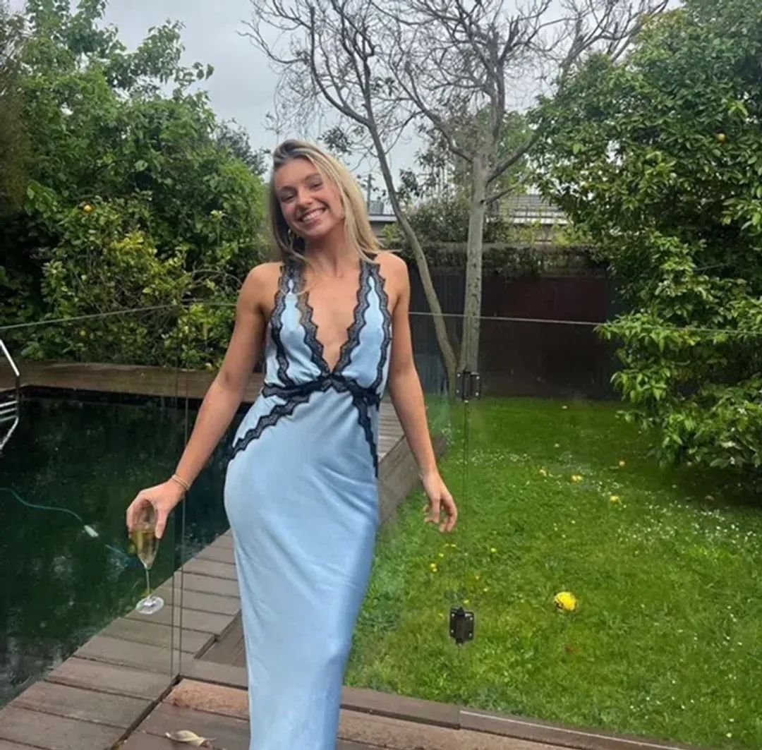 Shona Joy Camille Lace Cross Back Midi Dress Cool Blue/Black Size 6 for rent on The Volte - main image