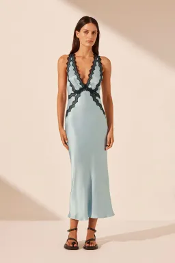 Shona Joy Camille Lace Cross Back Midi Dress Cool Blue/Black Size 6 for rent on The Volte - image 1