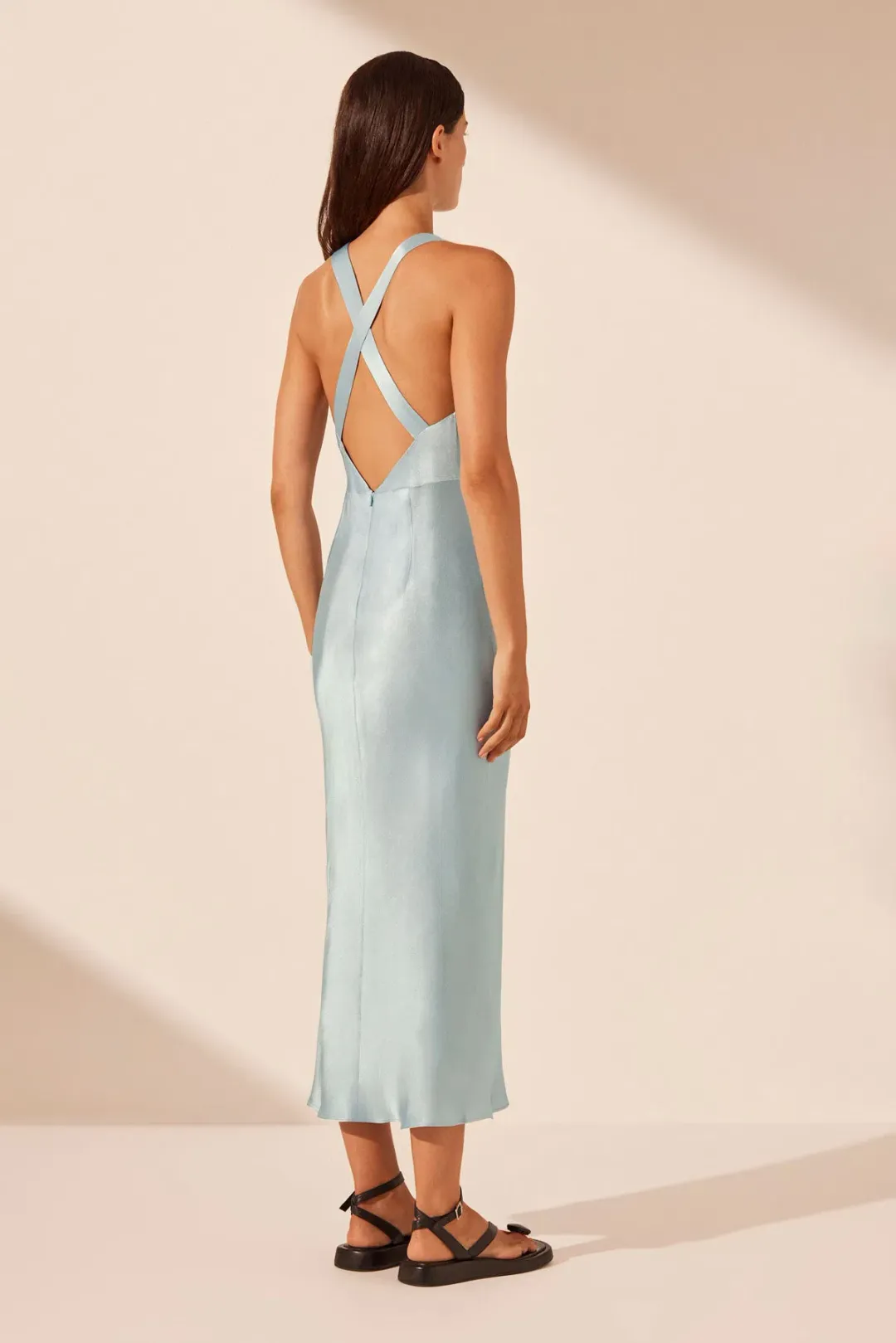 Shona Joy Camille Lace Cross Back Midi Dress Cool Blue/Black Size 6 for rent on The Volte - main image