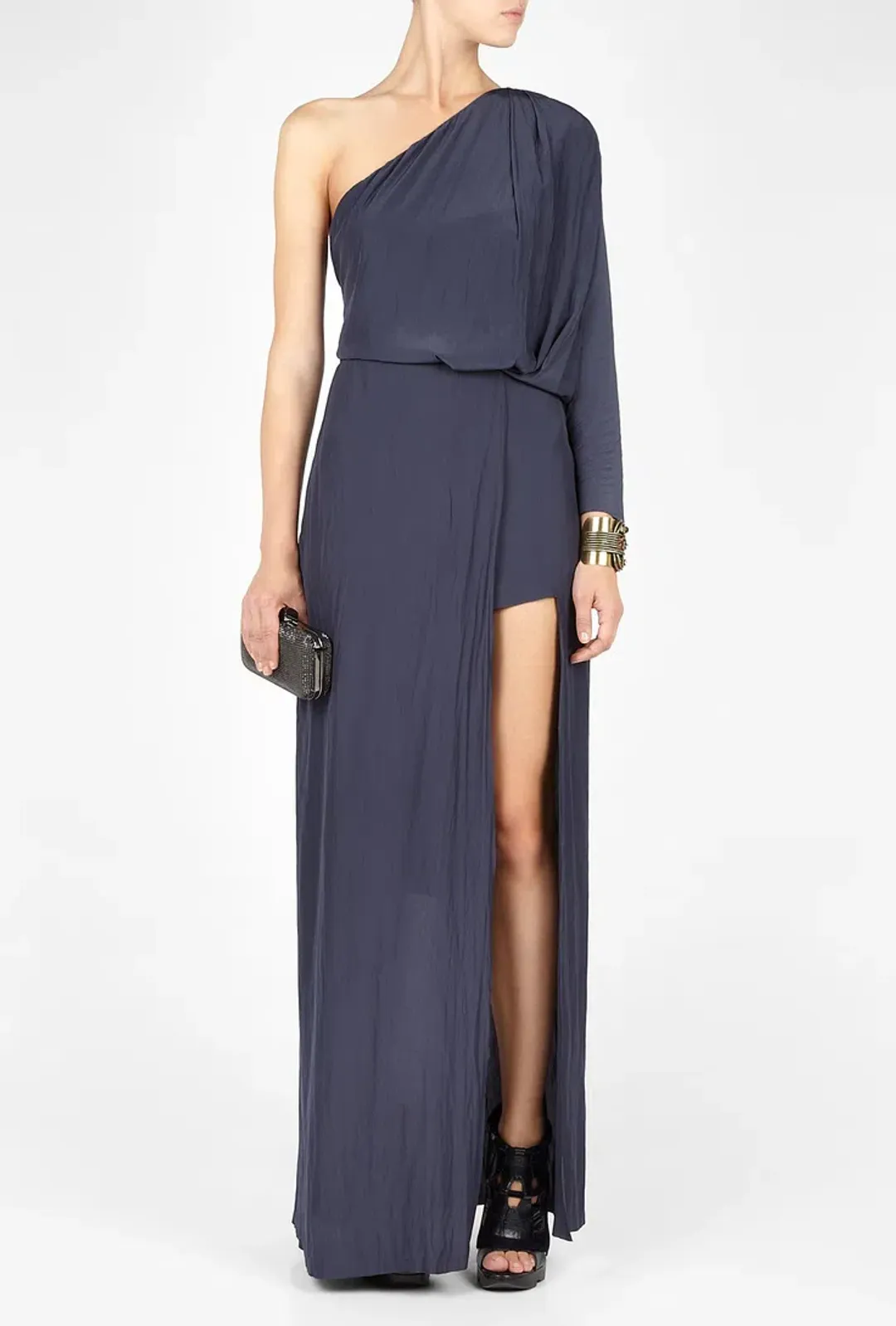 Acne Studios Emile One Shoulder Draped Maxi Silk Dress Dark Blue Size 4 for rent on The Volte - main image