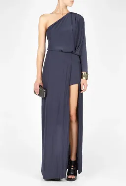 Acne Studios Emile One Shoulder Draped Maxi Silk Dress Dark Blue Size 4 for rent on The Volte - image 1