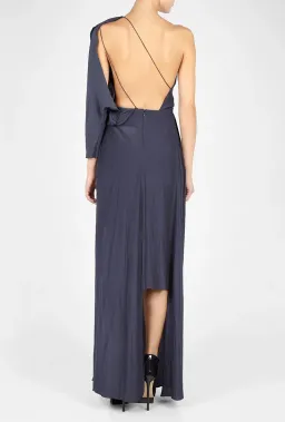 Acne Studios Emile One Shoulder Draped Maxi Silk Dress Dark Blue Size 4 for rent on The Volte - image 2