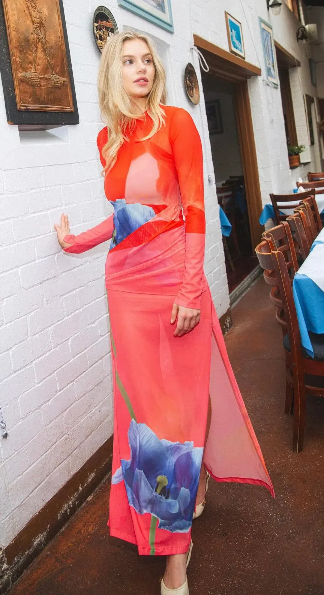 With Harper Lu Panel Maxi Dress Mesh Contrast Poppy Size L / AU 12 for rent on The Volte - main image