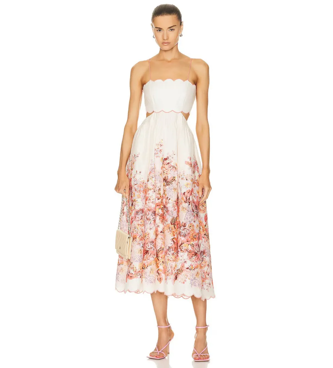 Zimmermann Devi Scallop Midi Dress in Cream Floral Size 0P/Au 6 for rent on The Volte - main image