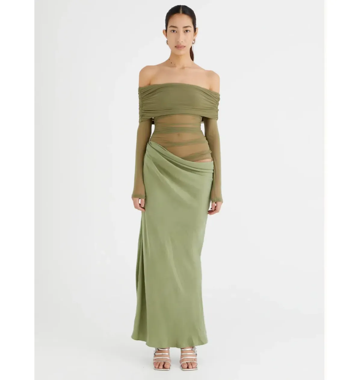 Benni Yasmin Off Shoulder Maxi Dress Pistachio Green Size AU 8 for rent on The Volte - main image