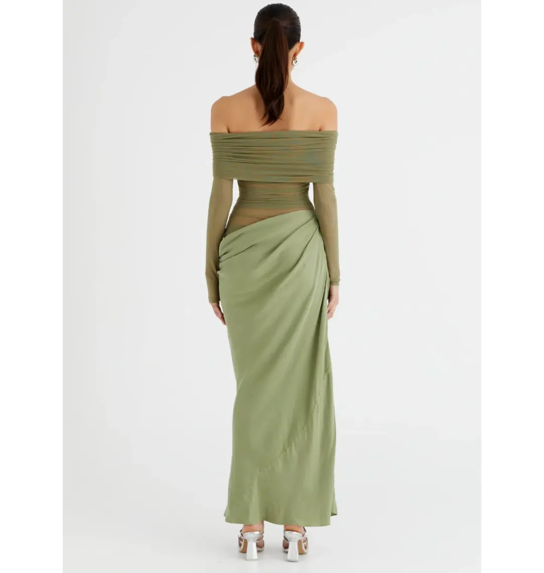 Benni Yasmin Off Shoulder Maxi Dress Pistachio Green Size AU 8 for rent on The Volte - main image