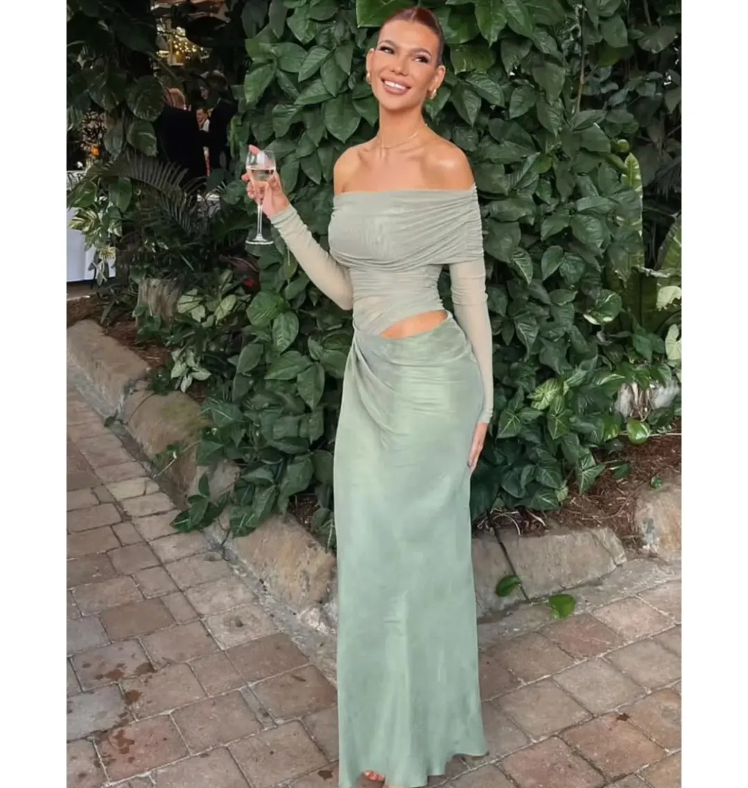 Benni Yasmin Off Shoulder Maxi Dress Pistachio Green Size AU 8 for rent on The Volte - main image