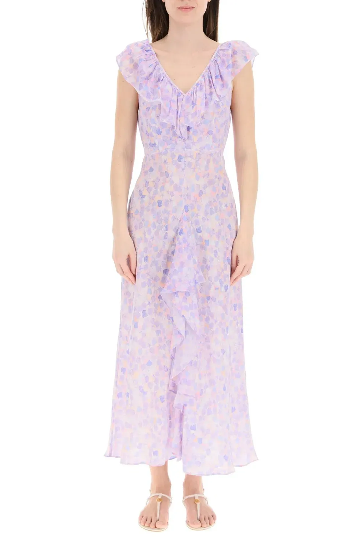 Rixo London Antoinette Silk Crepe De Chine Midi Dress In Purple Printed Size XS / AU 6 - Image 1