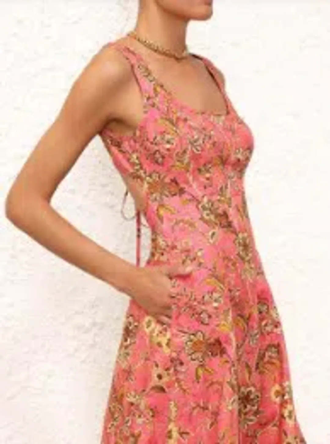 Zimmermann Junie Cut Out Midi Dress Pink/Gold Floral Size 1 / AU 10 for rent on The Volte - main image