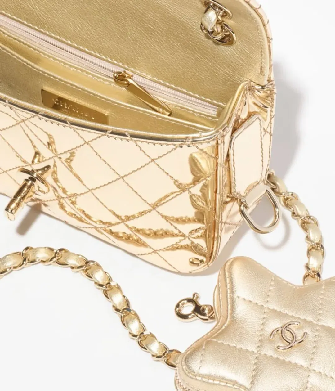 Chanel Gold Metallic Mirror Leather Mini Flap Bag with Star Coin Purse for rent on The Volte - main image
