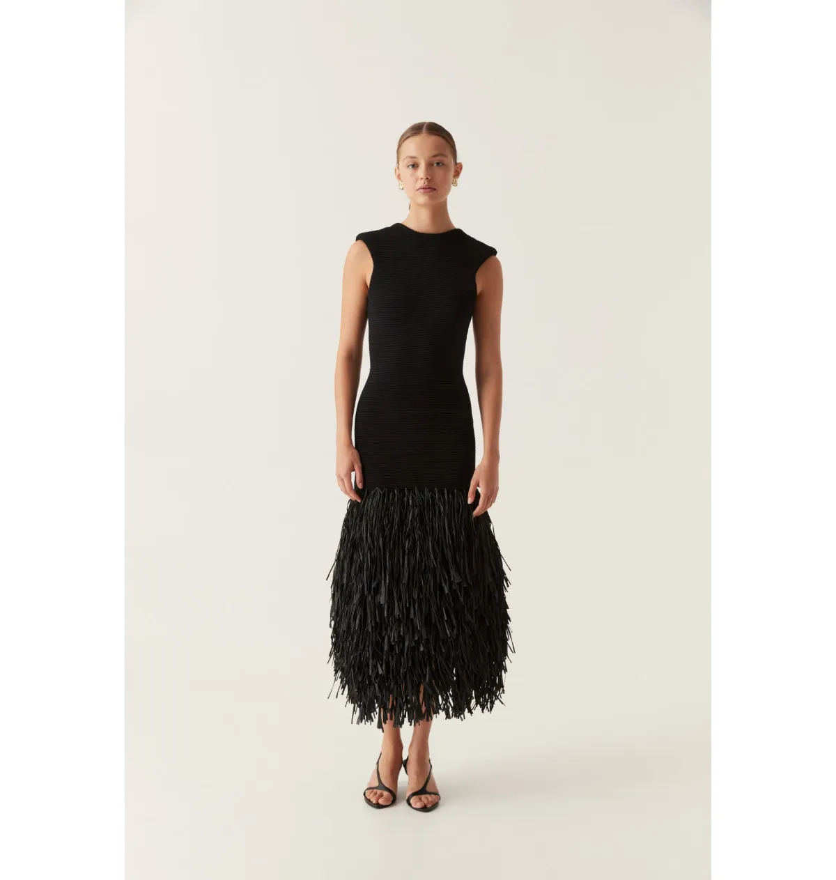 Aje Rushes Raffia Knit Midi Dress Black Size AU XS/US 2 for rent on The Volte - main image