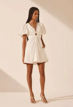 Shona joy White Linen Ruched Keyhole Mini Dress Size 6 for rent on The Volte - image 1