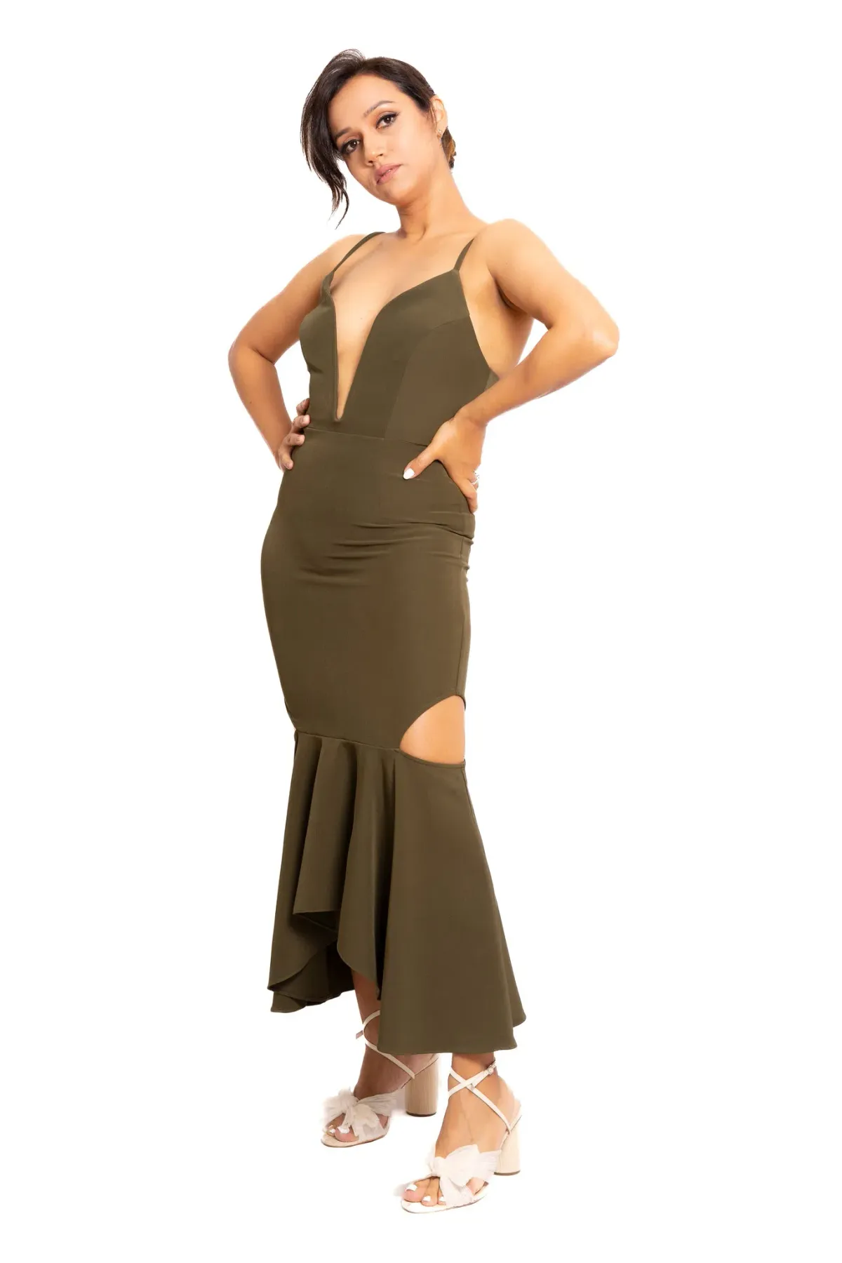 Shona Joy Cruz Plunge Midi Dress Khaki Size 8 - Image 2