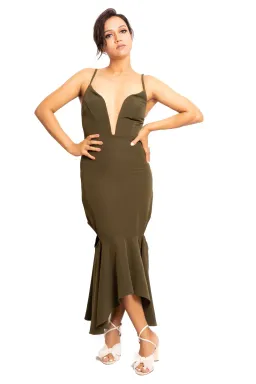 Shona Joy Cruz Plunge Midi Dress Khaki Size 8 for rent on The Volte - image 1