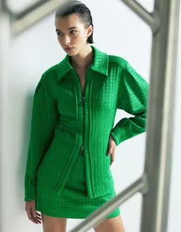 Cue Houndstooth Tweed Shirt Jacket Blazer Size 8 and Mini Skirt Size 10 Set Apple Green for rent on The Volte - image 4