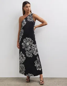 Minima Escenciales Besiana One Shoulder Dress Black/Floral Size 18 for rent on The Volte - image 1