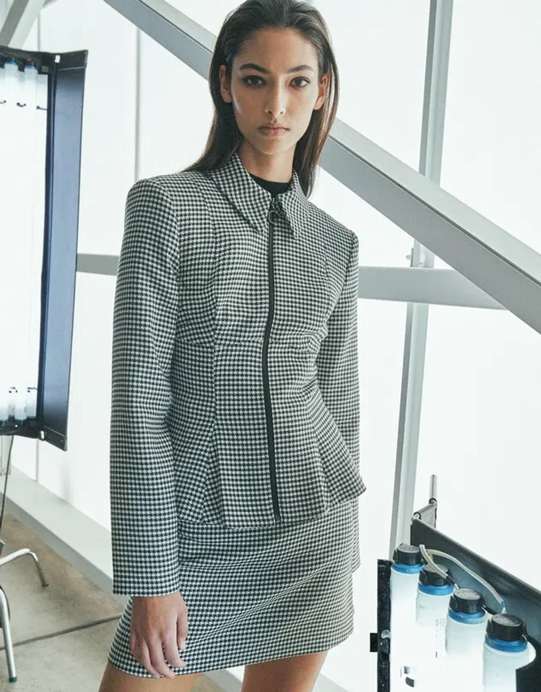 Cue Houndstooth Collared Peplum Jacket & A-Line Mini Skirt Power Suit Size 8 & 10 for rent on The Volte - main image