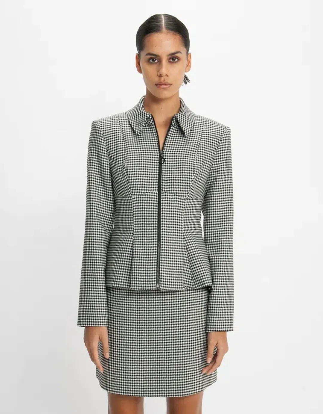 Cue Houndstooth Collared Peplum Jacket & A-Line Mini Skirt Power Suit Size 8 & 10 for rent on The Volte - main image