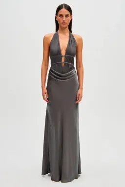 Misha Celine Satin Maxi Dress Pewter Grey Size 8 for rent on The Volte - image 1