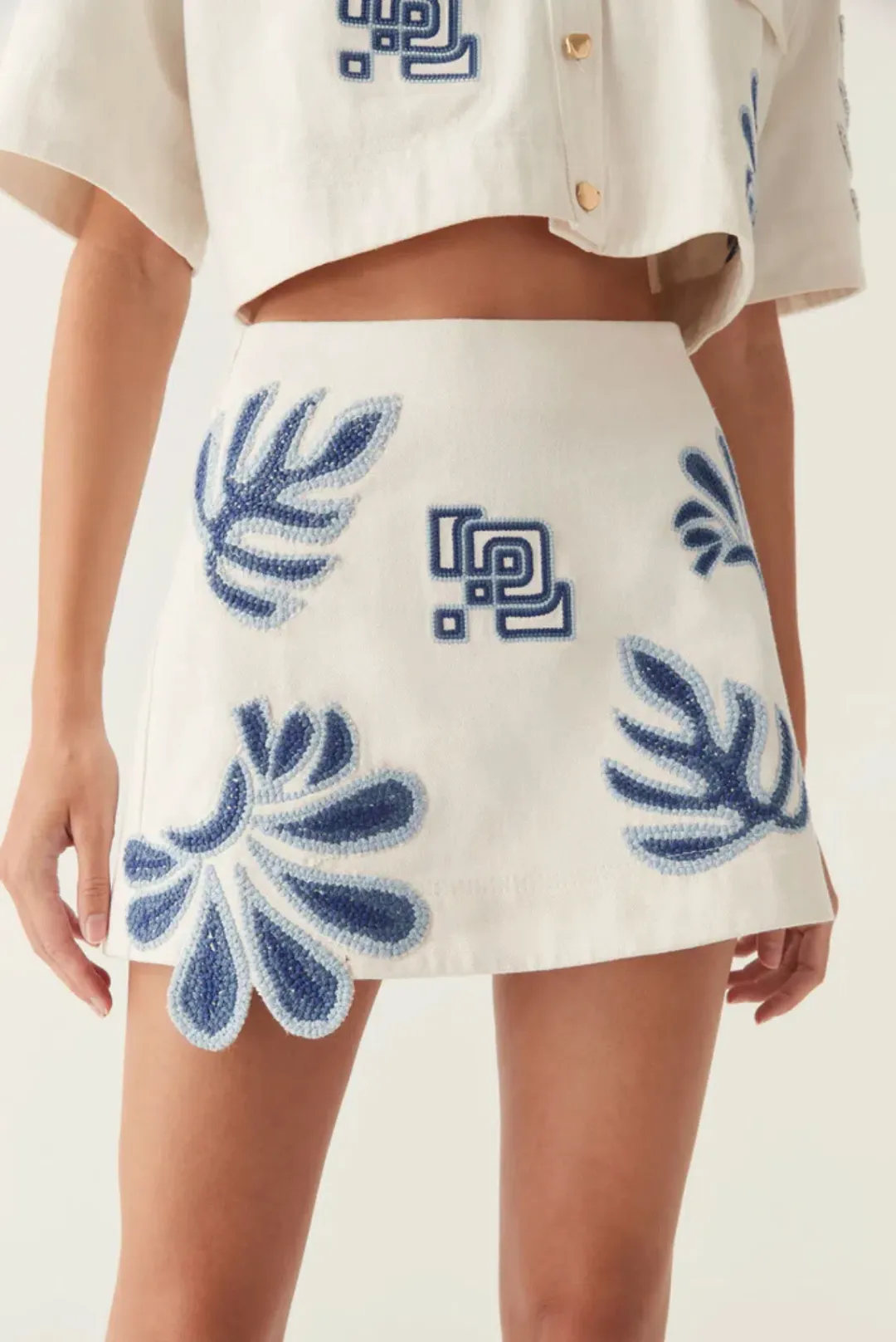 Aje Esprit Embroidered Skirt Size 10 and Top Size 6 Set Ivory-Blue for rent on The Volte - main image