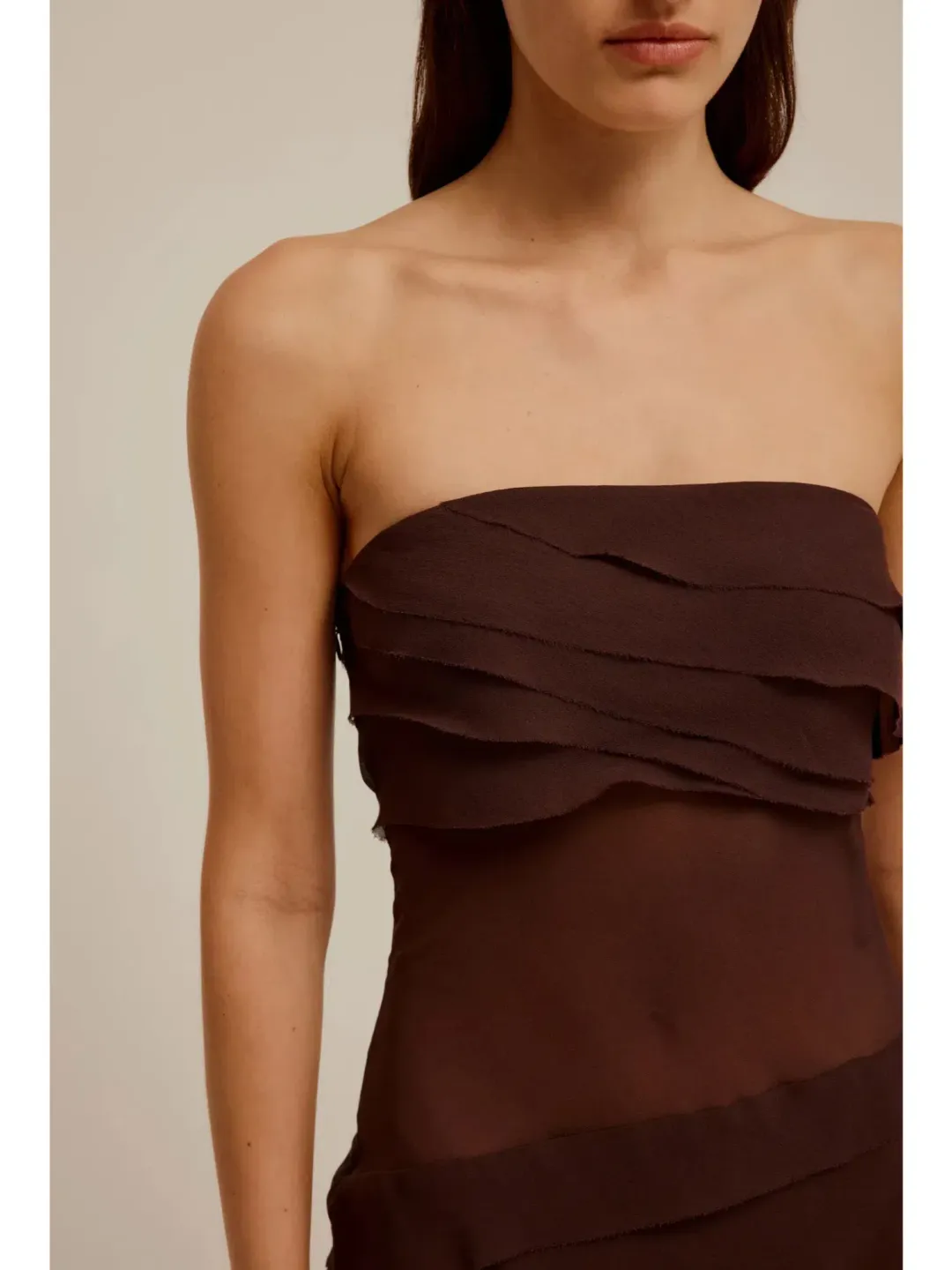 Venroy Sheer Panelled Strapless Dress Java Brown Size AU 12 for rent on The Volte - main image