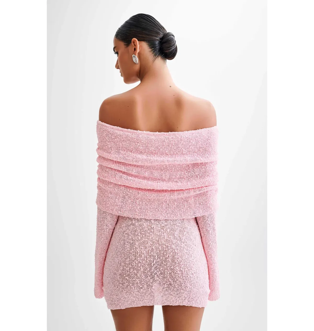 Meshki Marisol Off Shoulder Boucle Mini Dress in Baby Pink Size S / AU 8 - Image 3