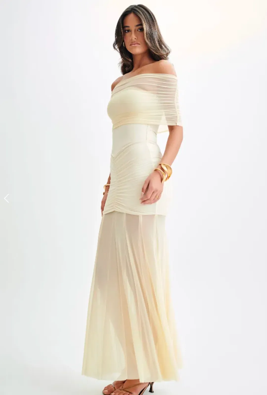 Meshki Caspian Slinky And Mesh Off Shoulder Maxi Dress Ivory Size M / AU 10 for rent on The Volte - main image
