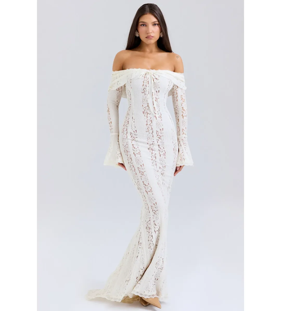 House of CB Belle Lace Off Shoulder Maxi Dress Vintage Cream Flora Size XS/Au 6 for rent on The Volte - main image