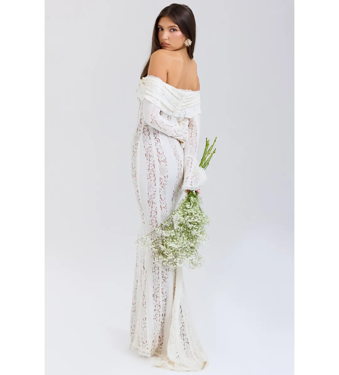 House of CB Belle Lace Off Shoulder Maxi Dress Vintage Cream Flora Size XS/Au 6 for rent on The Volte - main image