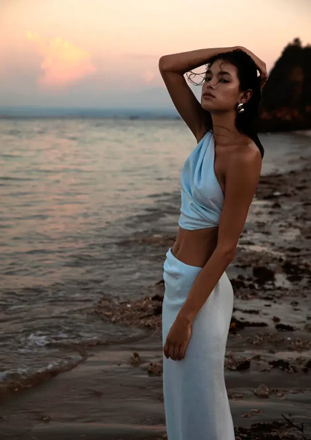 Sir The Label Iris Knot Top and Asymmetric Midi Skirt Set Light Blue Size 1 / AU 8 for rent on The Volte - main image