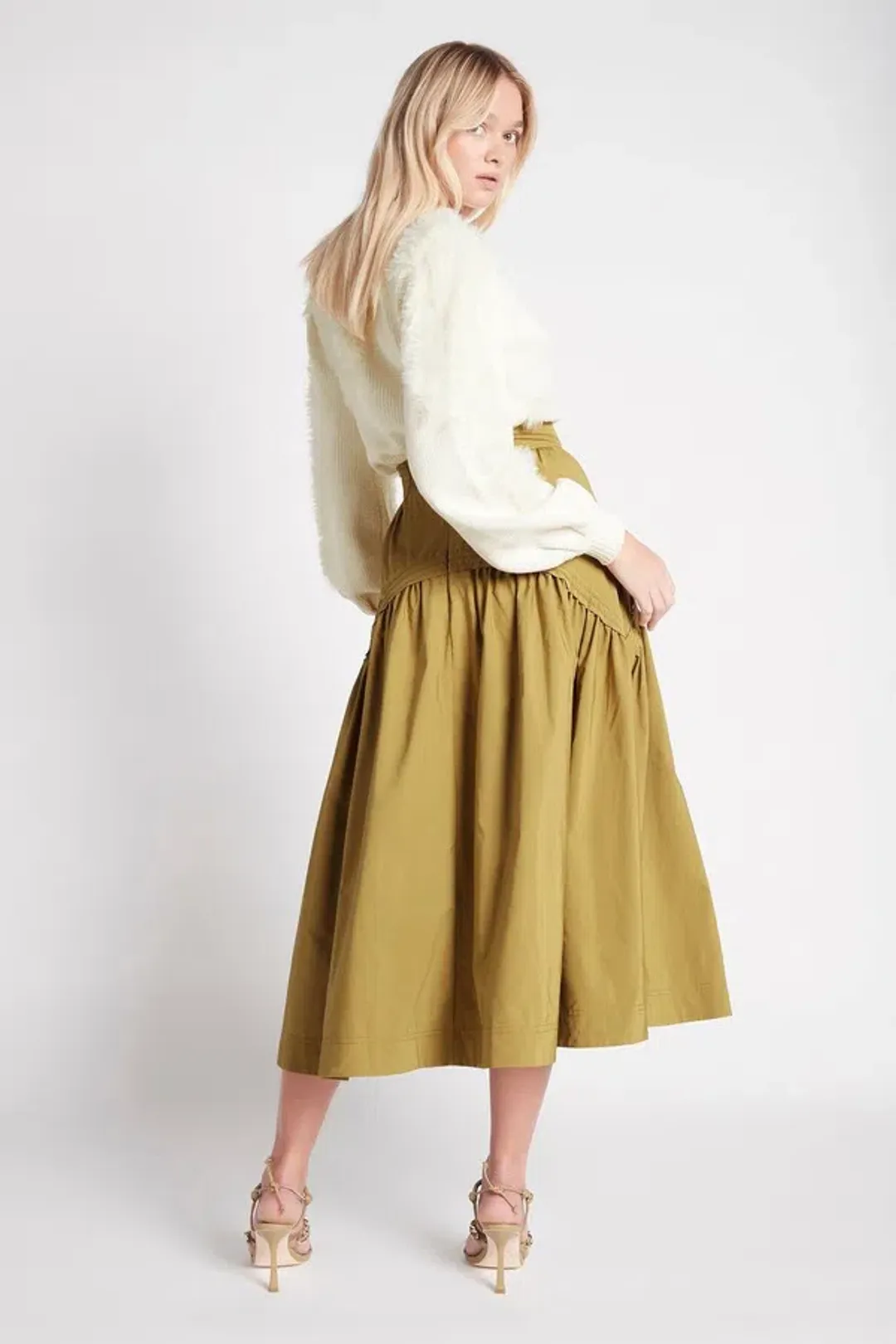 Aje Cosmos Drawstring Midi Skirt in Olive Green Size 10 for rent on The Volte - main image