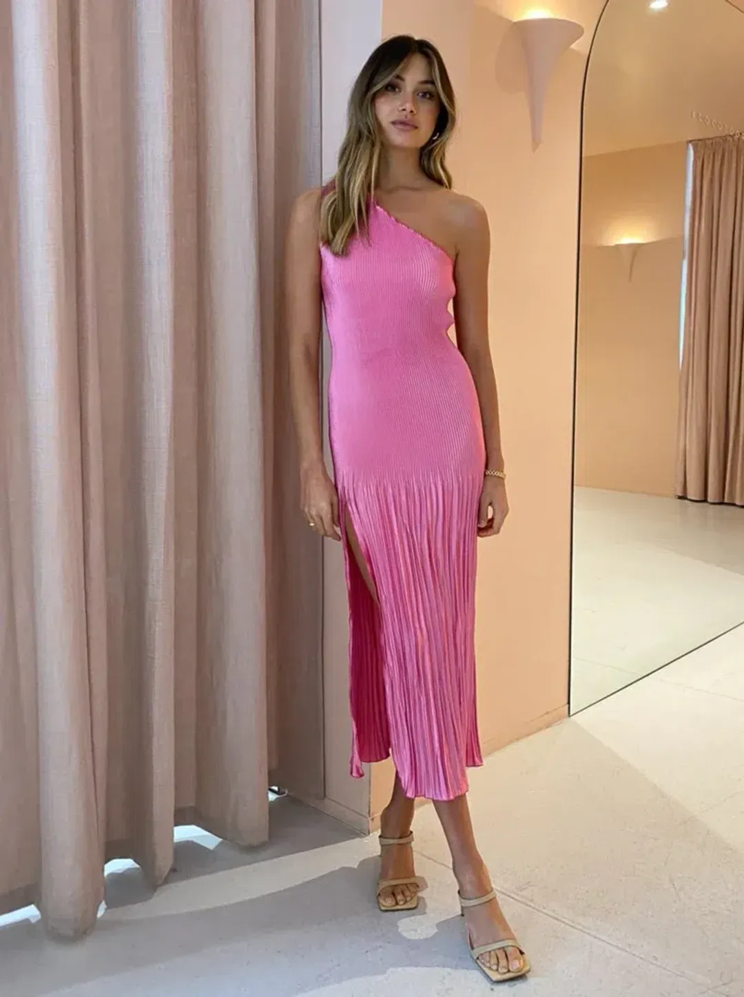 L'idee Soiree One Shoulder Midi Dress in Hot Pink Size 10 for rent on The Volte - main image