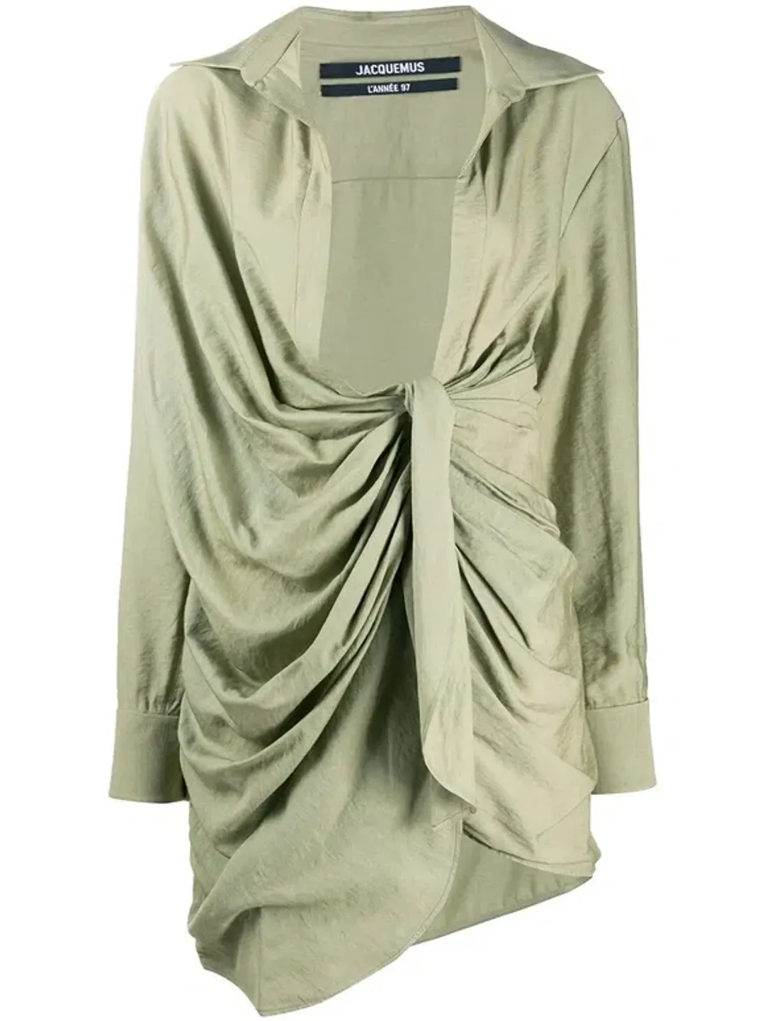 Jacquemus La Robe Bahia Draped Shirt Mini Dress in Sage Green Size 6 for rent on The Volte - main image
