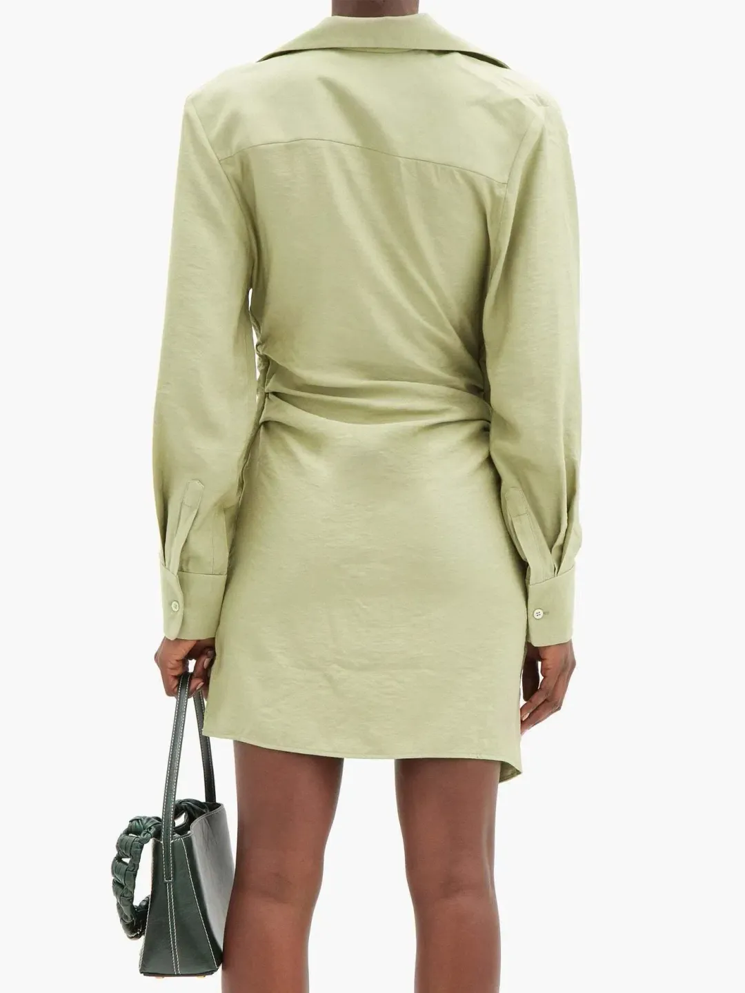 Jacquemus La Robe Bahia Draped Shirt Mini Dress in Sage Green Size 6 for rent on The Volte - main image