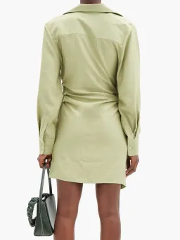 Jacquemus La Robe Bahia Draped Shirt Mini Dress in Sage Green Size 6 for rent on The Volte - image 2