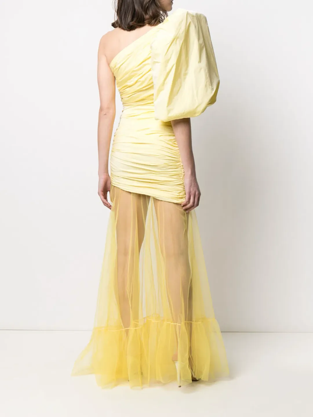 Giuseppe Di Morabito Ruched One-sleeve Tulle Gown Yellow Size 8 for rent on The Volte - main image