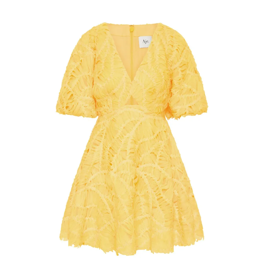 Aje Florential Mini Swing Dress Soft Yellow Size AU 8 for rent on The Volte - main image