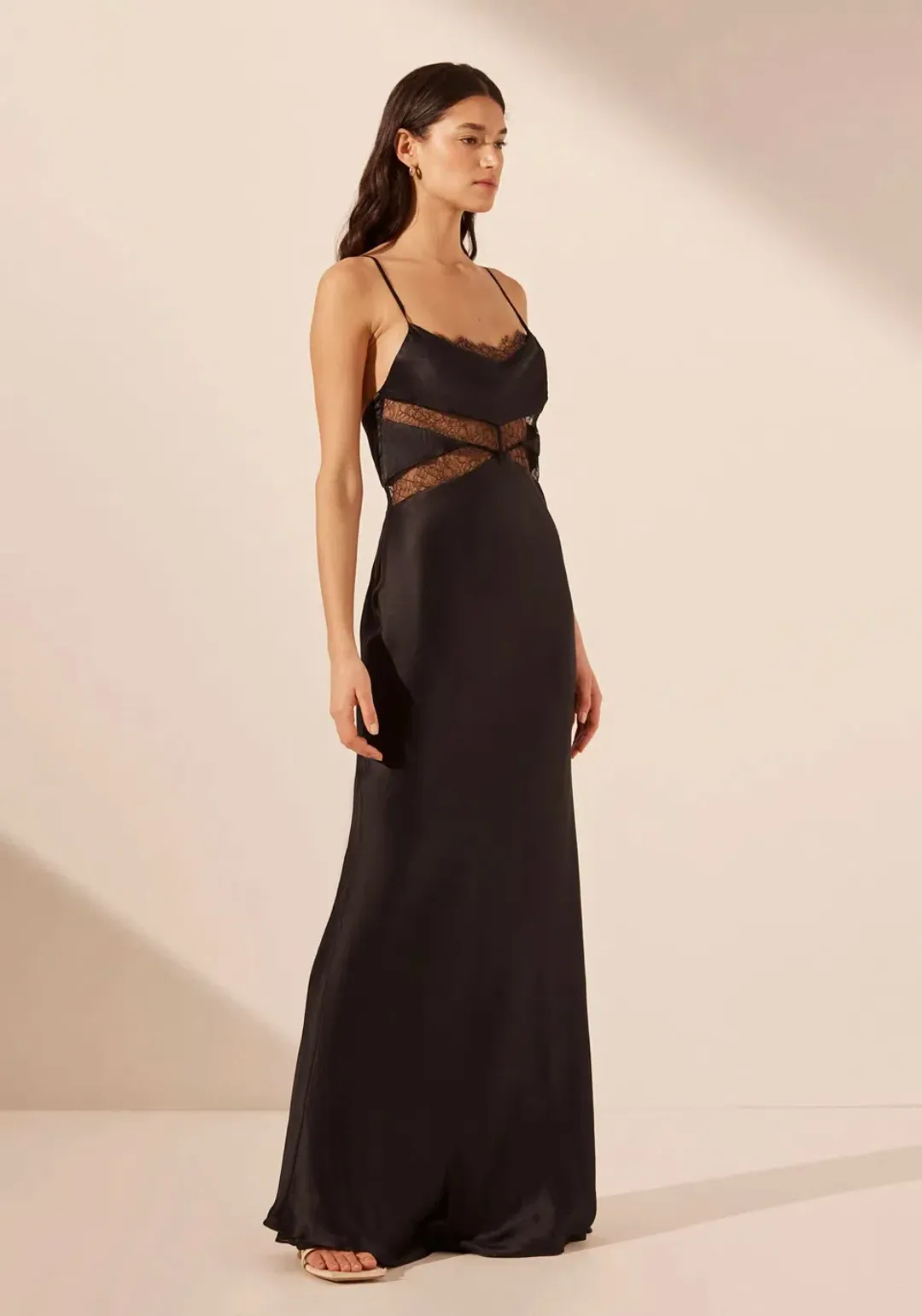 Shona Joy Leticia Silk Cowl Neck Lace Maxi Dress Black Size 6 for rent on The Volte - main image